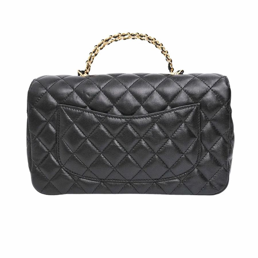 💗未使用品💗CHANEL 小號帶頂部金/黑色法瑯/水鑽logo奢華提把翻蓋包-1