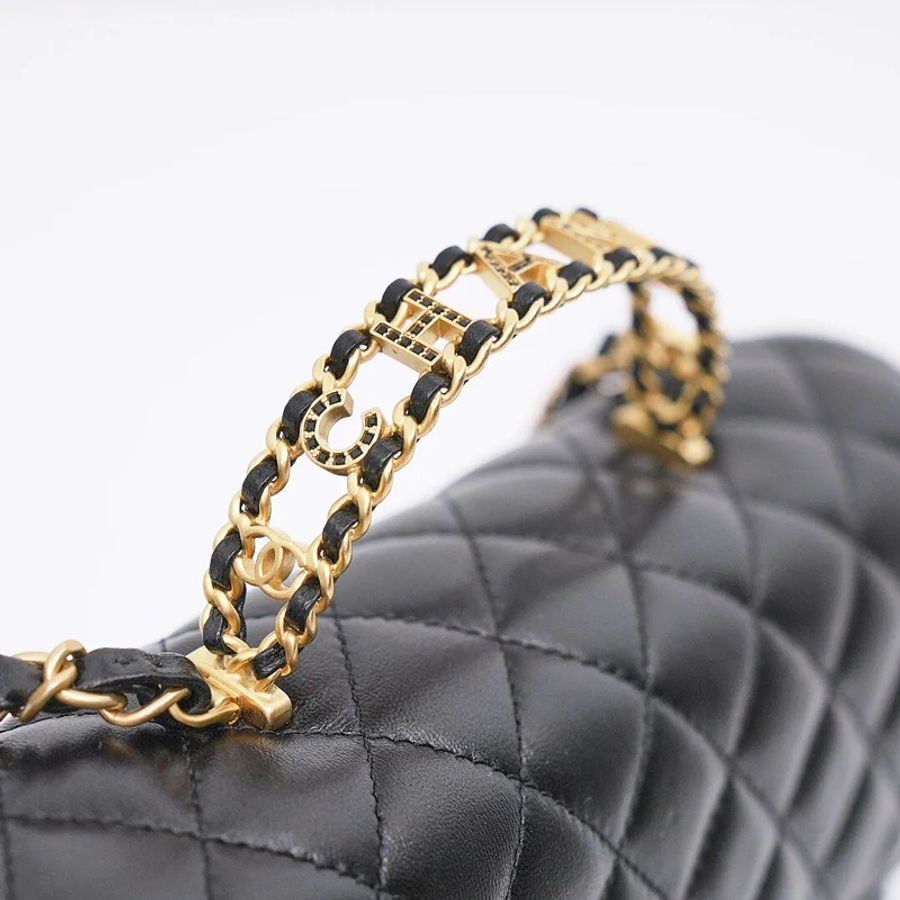 💗未使用品💗CHANEL 小號帶頂部金/黑色法瑯/水鑽logo奢華提把翻蓋包-3