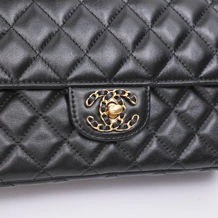 💗未使用品💗CHANEL 小號帶頂部金/黑色法瑯/水鑽logo奢華提把翻蓋包-4
