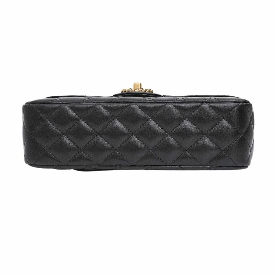 💗未使用品💗CHANEL 小號帶頂部金/黑色法瑯/水鑽logo奢華提把翻蓋包-5