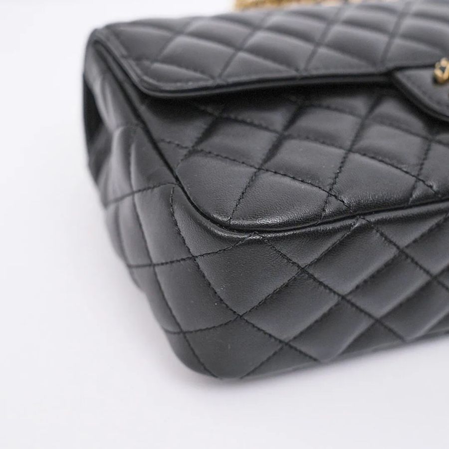 💗未使用品💗CHANEL 小號帶頂部金/黑色法瑯/水鑽logo奢華提把翻蓋包-7