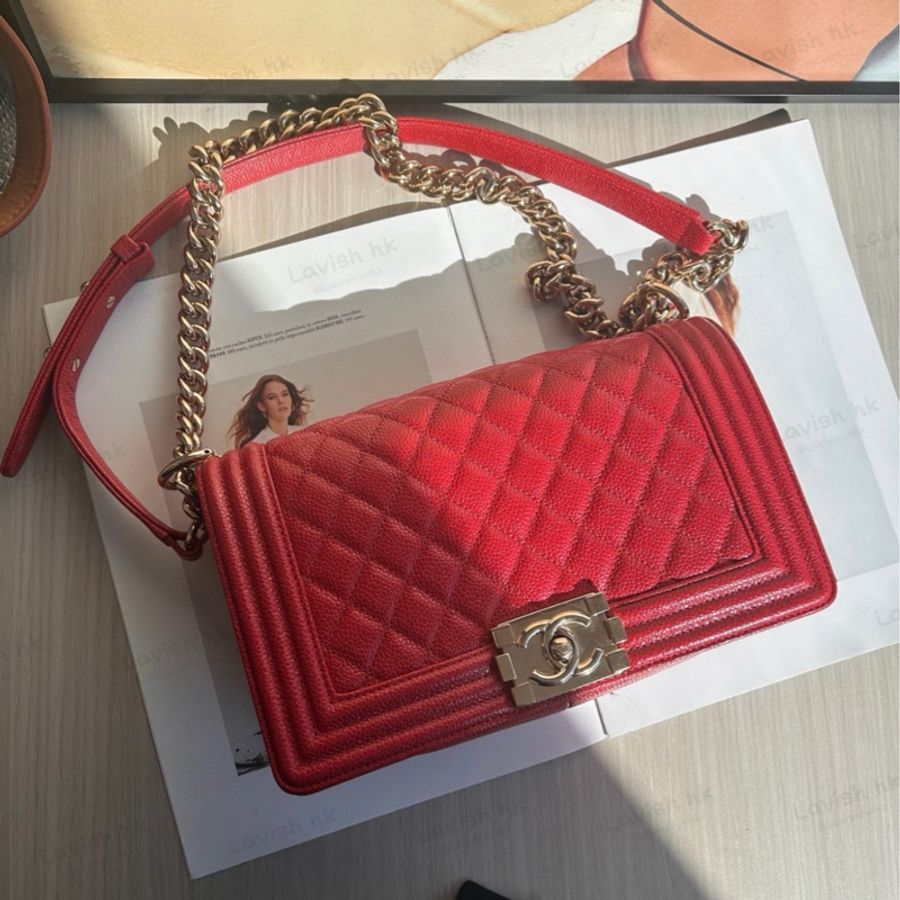 CHANEL 紅色金扣荔牛leboy中號鏈條包-0