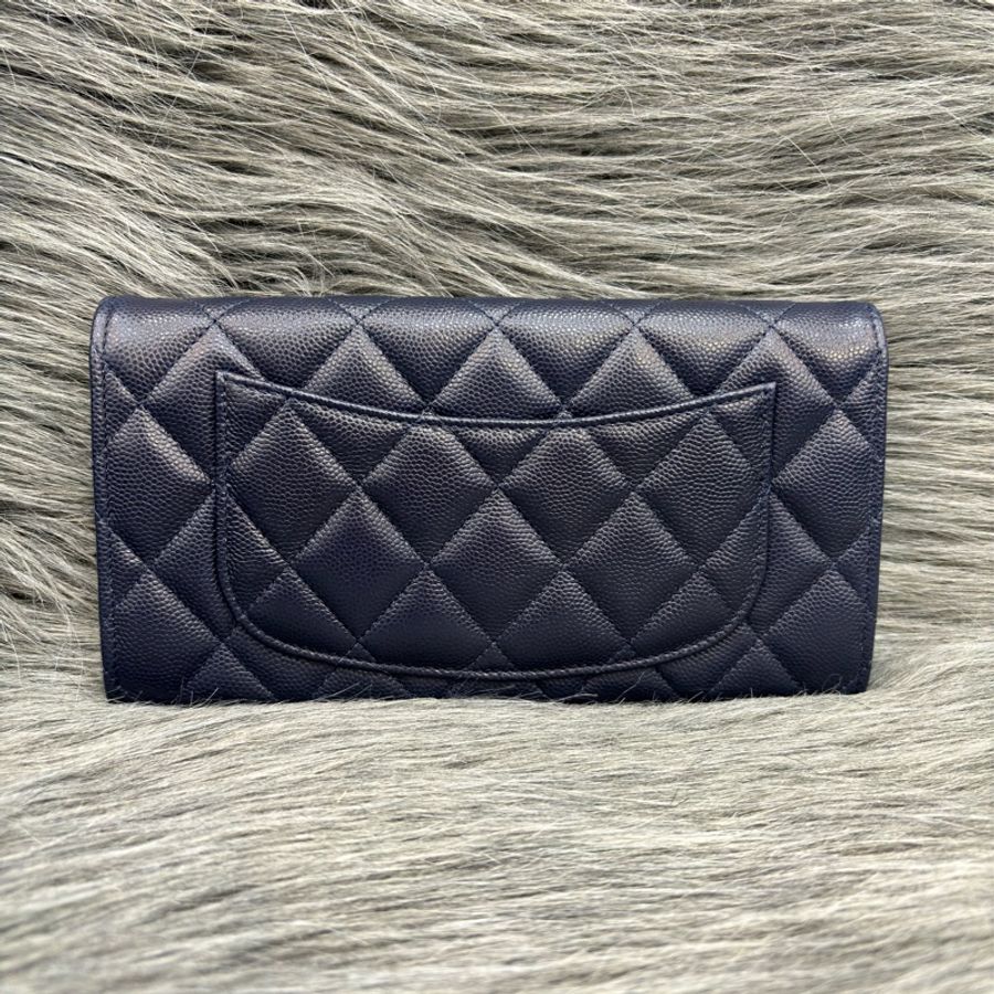 CHANEL AP0241 COCO 深藍紫色荔枝皮 淡金釦 釦式 信封式 拉鍊 信用卡零錢發財長夾-2