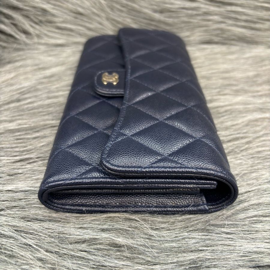 CHANEL AP0241 COCO 深藍紫色荔枝皮 淡金釦 釦式 信封式 拉鍊 信用卡零錢發財長夾-3