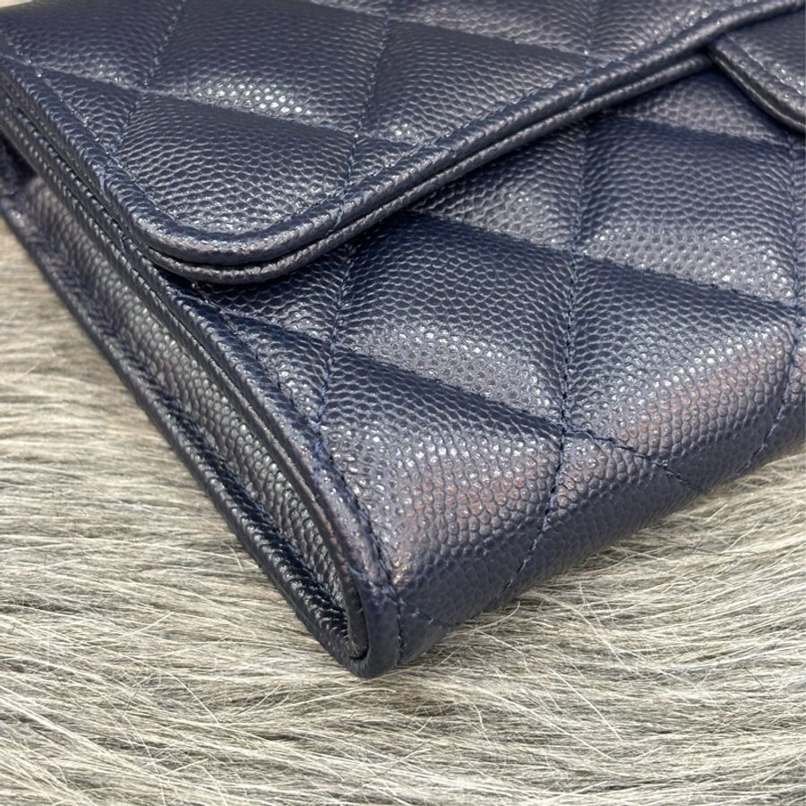 CHANEL AP0241 COCO 深藍紫色荔枝皮 淡金釦 釦式 信封式 拉鍊 信用卡零錢發財長夾-5