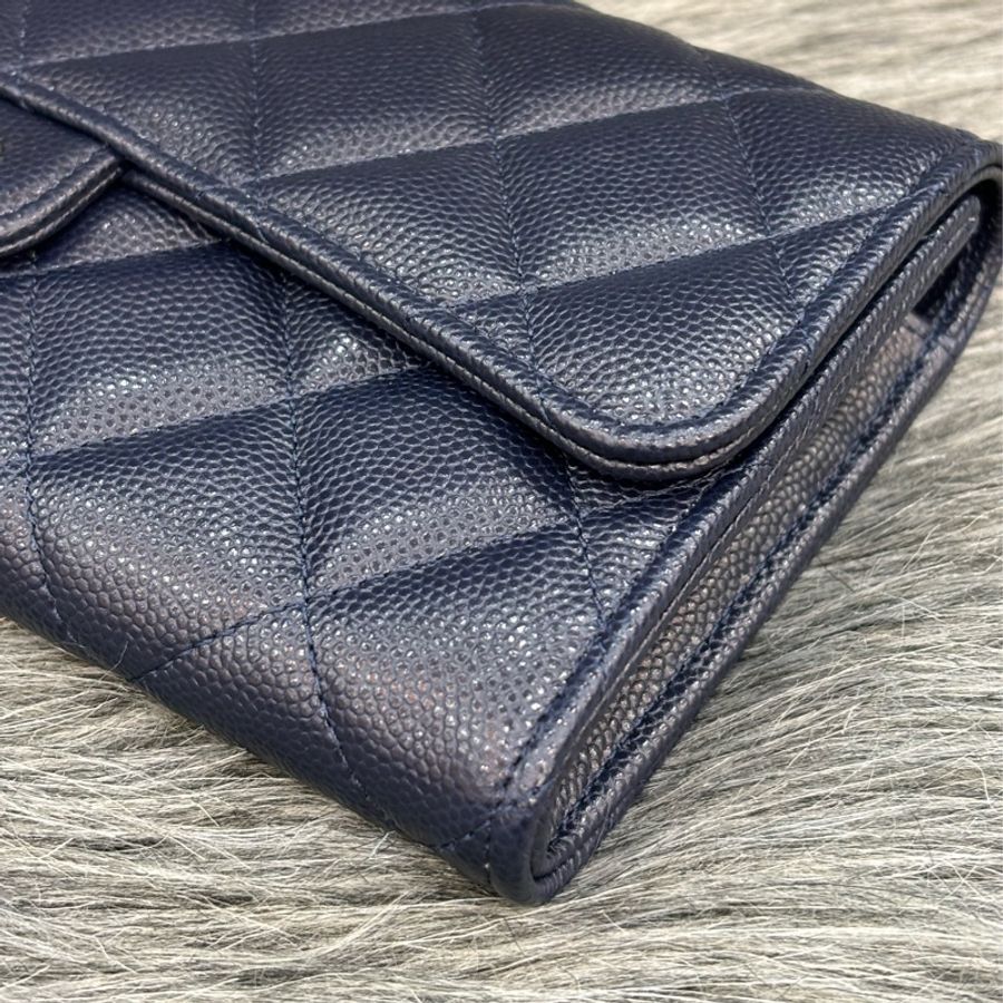CHANEL AP0241 COCO 深藍紫色荔枝皮 淡金釦 釦式 信封式 拉鍊 信用卡零錢發財長夾-6