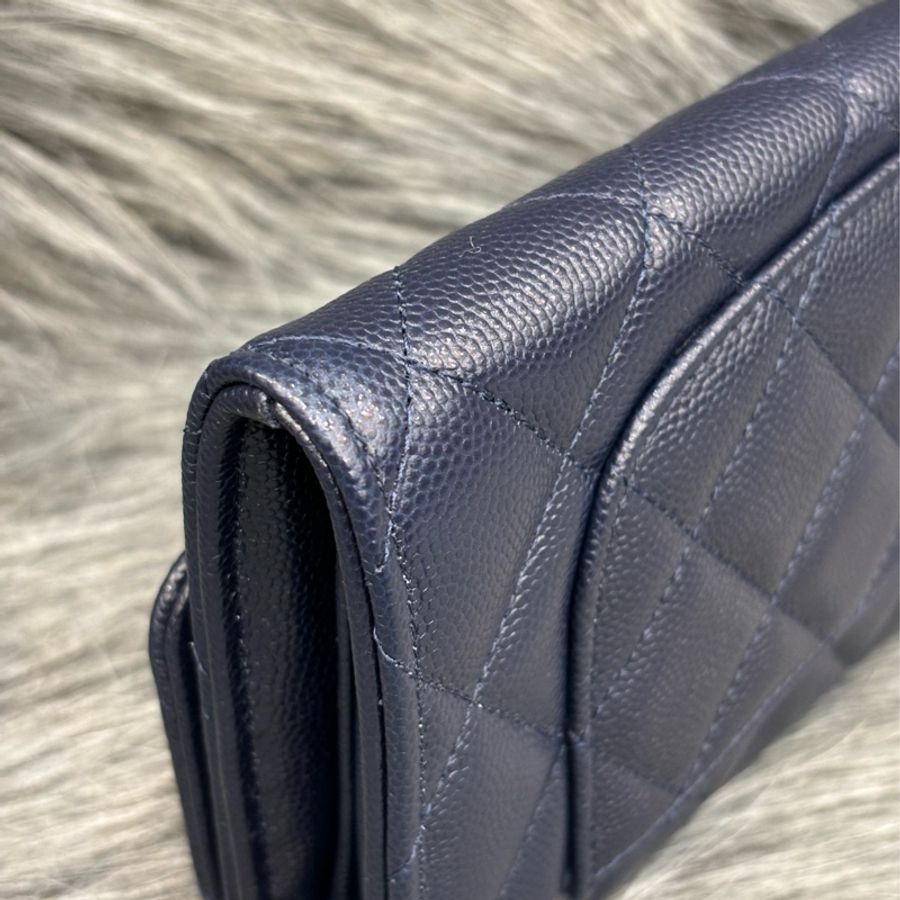 CHANEL AP0241 COCO 深藍紫色荔枝皮 淡金釦 釦式 信封式 拉鍊 信用卡零錢發財長夾-7