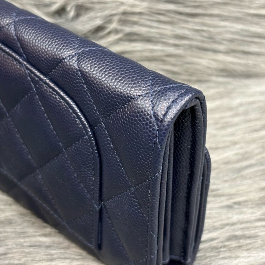 CHANEL AP0241 COCO 深藍紫色荔枝皮 淡金釦 釦式 信封式 拉鍊 信用卡零錢發財長夾-8