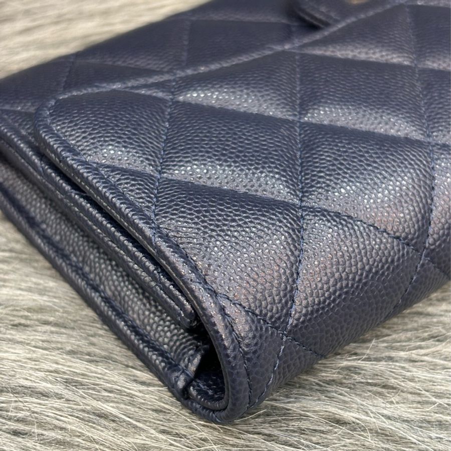 CHANEL AP0241 COCO 深藍紫色荔枝皮 淡金釦 釦式 信封式 拉鍊 信用卡零錢發財長夾-9