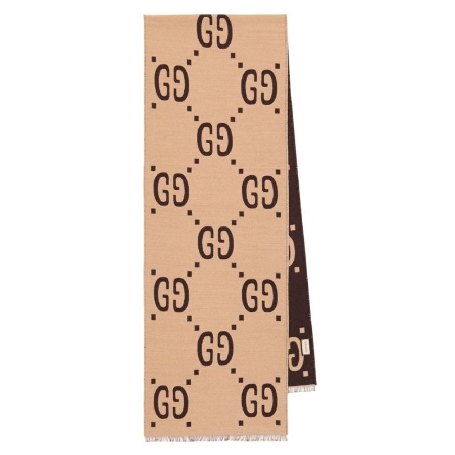 【GUCCI 古馳】雙G logo緹花 羊毛混絲 雙色 圍巾 棕色 米色 495592-0