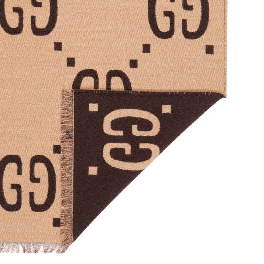 【GUCCI 古馳】雙G logo緹花 羊毛混絲 雙色 圍巾 棕色 米色 495592-1