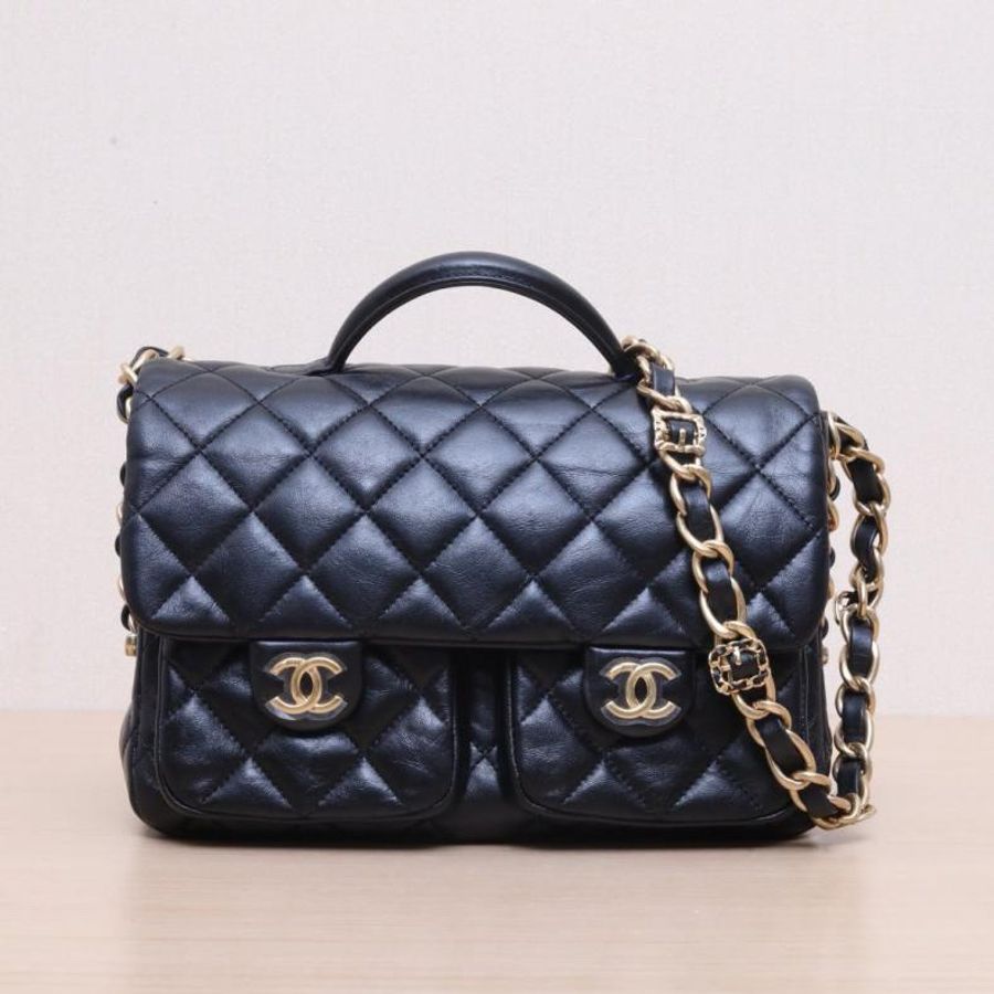 CHANEL(香奈兒) 24A 雙口袋手柄郵差包 26cm 黑色  晶片開 金扣 皮手柄-0