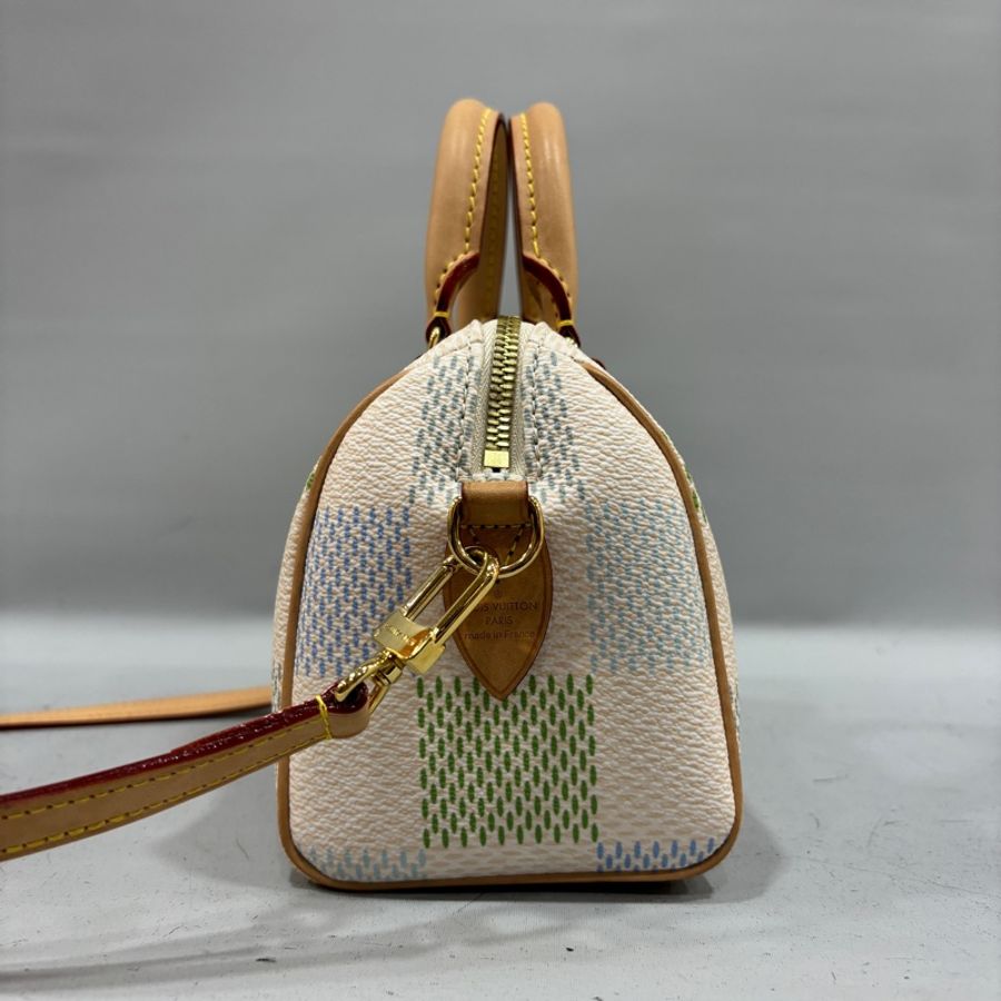 Louis Vuitton N40515米白底帆布藍綠棋盤格Speedy 20斜背包 迷你波士頓-1