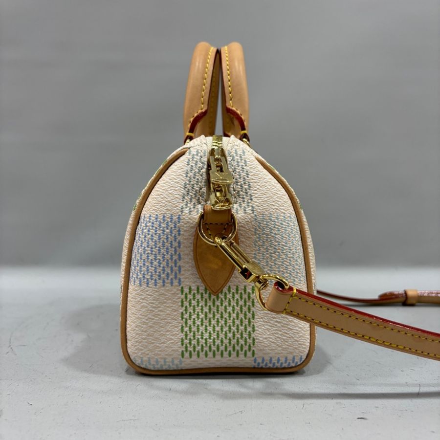 Louis Vuitton N40515米白底帆布藍綠棋盤格Speedy 20斜背包 迷你波士頓-3