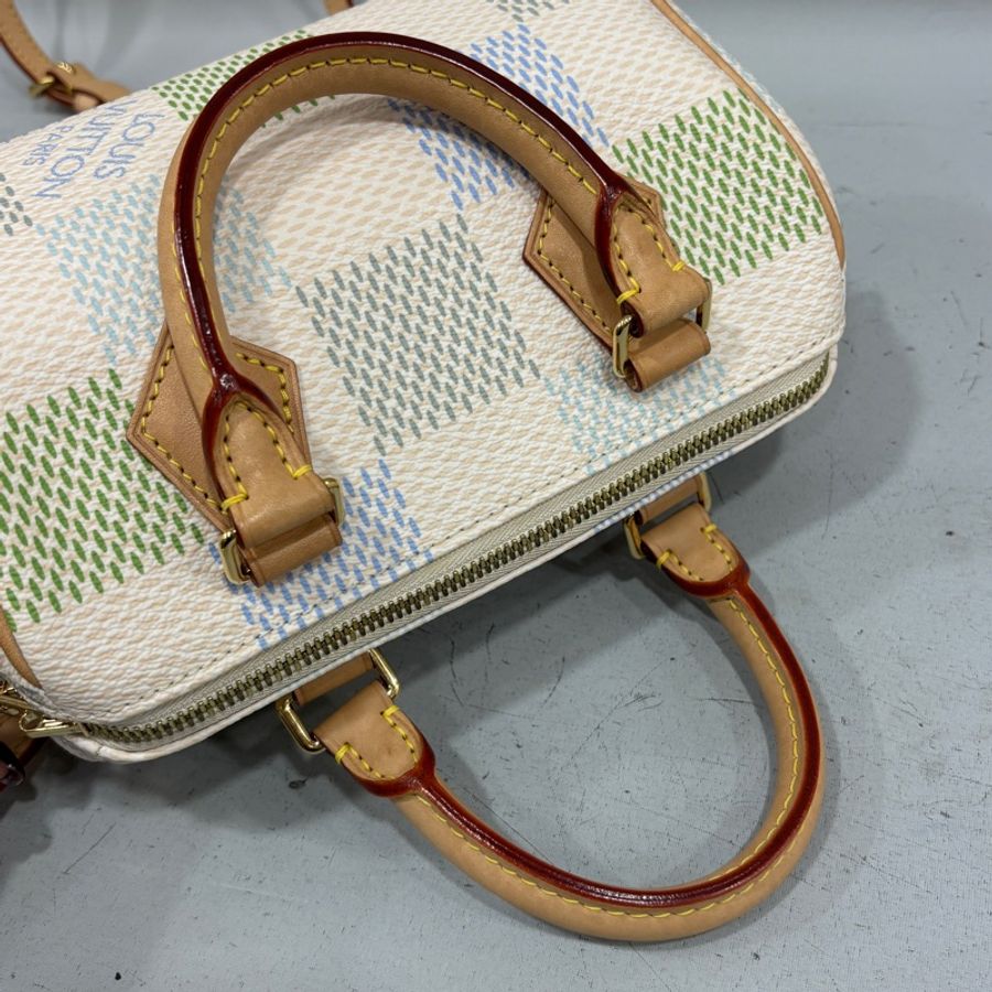 Louis Vuitton N40515米白底帆布藍綠棋盤格Speedy 20斜背包 迷你波士頓-11