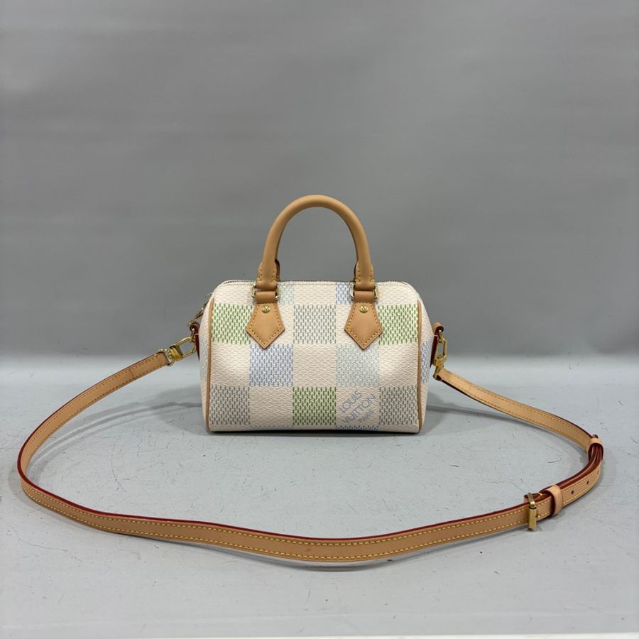 Louis Vuitton N40515米白底帆布藍綠棋盤格Speedy 20斜背包 迷你波士頓-13