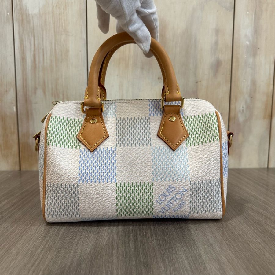 Louis Vuitton N40515米白底帆布藍綠棋盤格Speedy 20斜背包 迷你波士頓-23