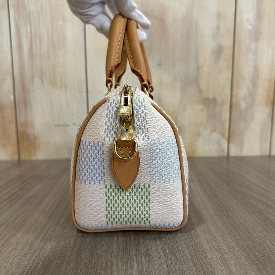 Louis Vuitton N40515米白底帆布藍綠棋盤格Speedy 20斜背包 迷你波士頓-24