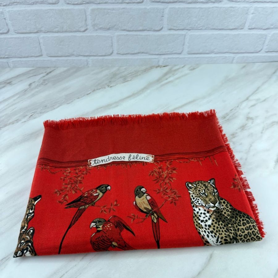 愛馬仕 Hermès 金錢豹紅色 披肩圍巾 65% cashmere 喀什米爾-5