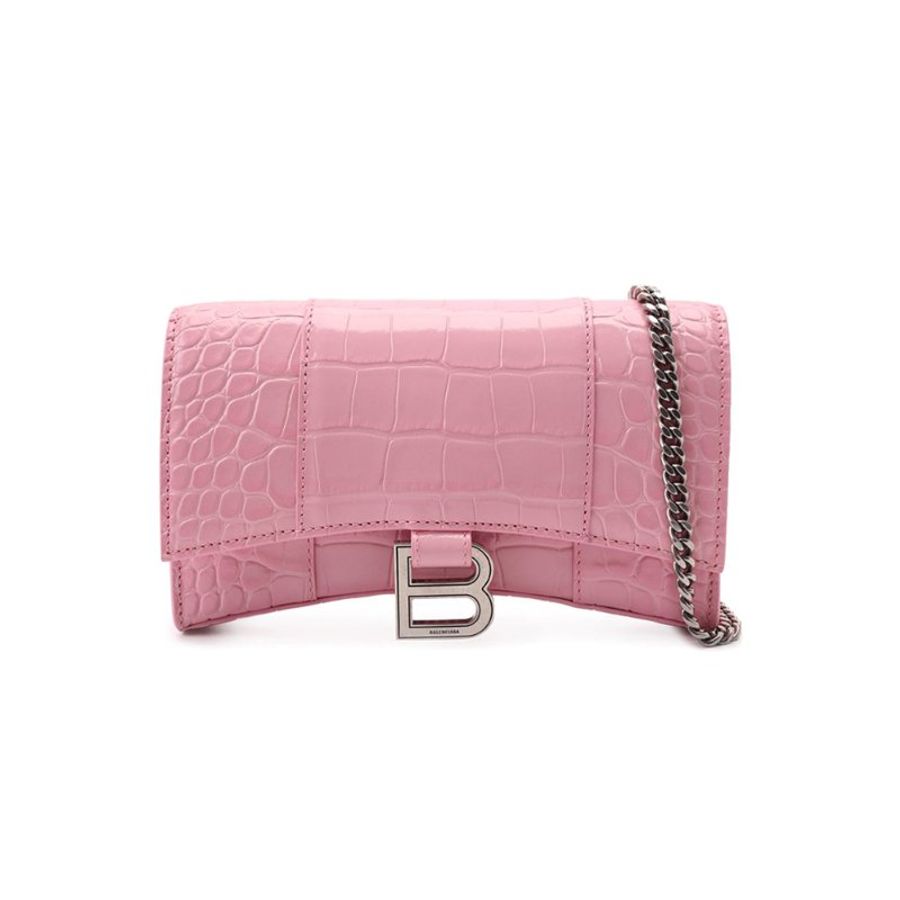 * Balenciaga Hourglass Shiny Crocodile Embossed Chain Wallet for Women in Pink (656050-1LR6Y-5812)-0