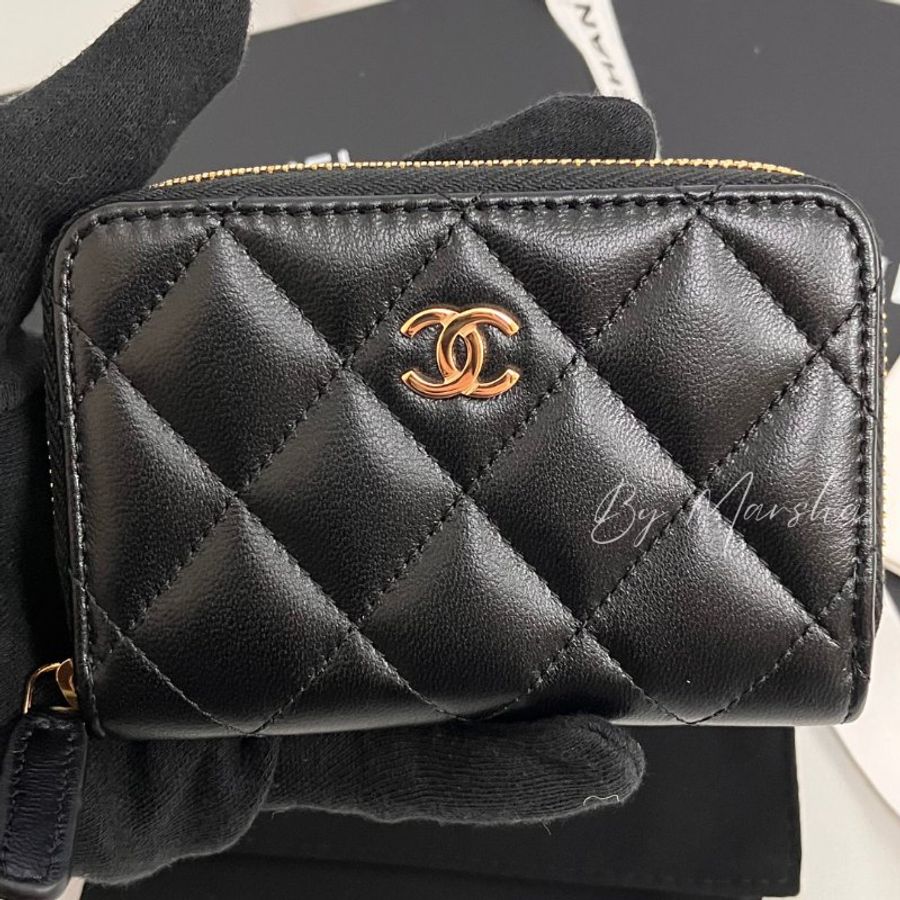 CHANEL經典拉鍊零錢包-小羊皮與金色金屬-黑金 全新-7