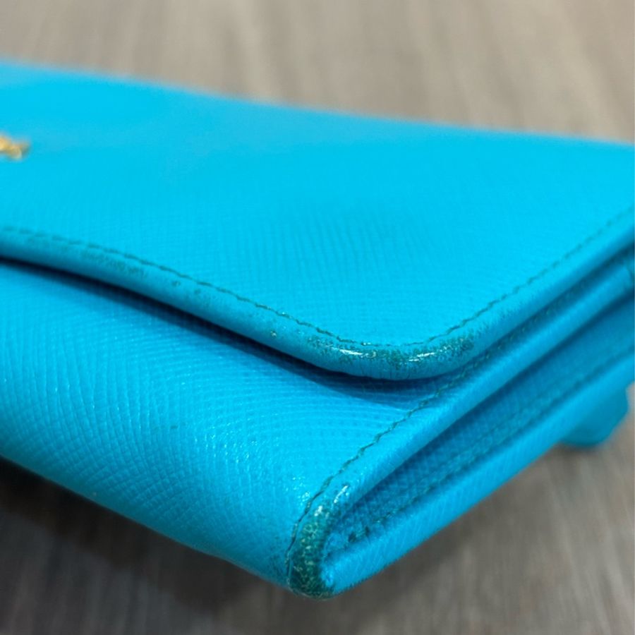 PRADA 1M1132 湖水 藍 全皮 金色 LOGO 拉鍊夾 零錢包 發財夾 長夾 皮夾-6