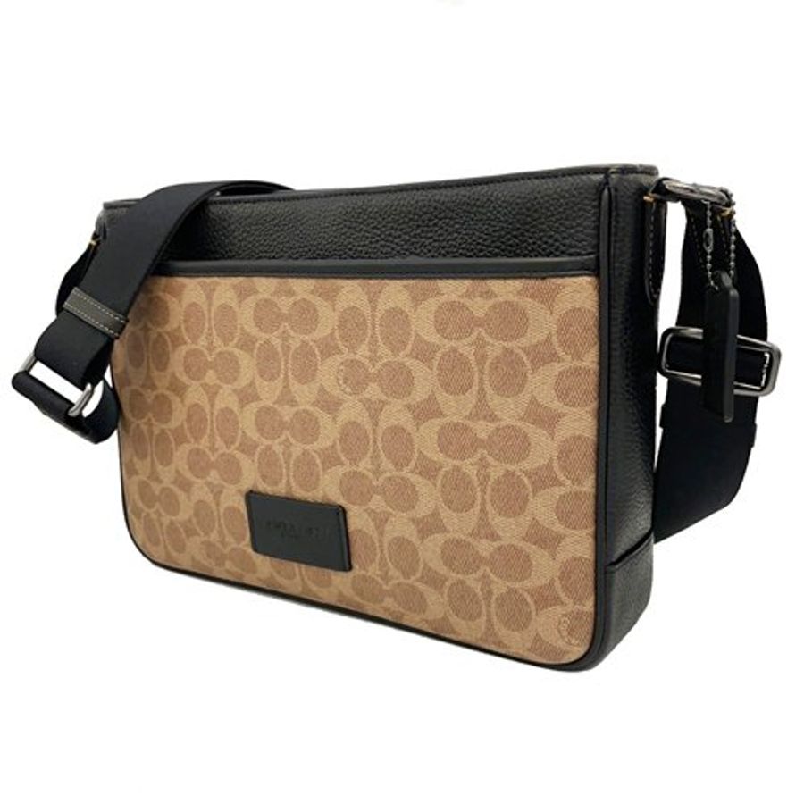 [全新] COACH 新款C LOGO皮牌男款斜背郵差包(焦糖/黑)-1