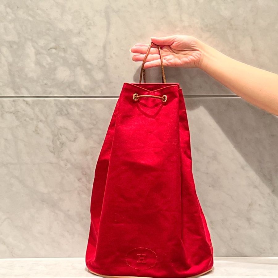 HERMES Vintage Backpack中古紅色帆布金扣皮革肩帶背包皮肩背袋-0