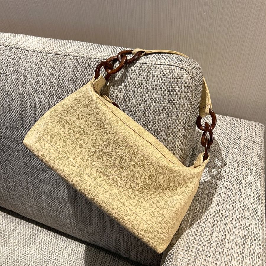 Chanel hobo絕版稀有木連接米黃色手袋肩側背包 有貼 絕版稀有中古美品-0