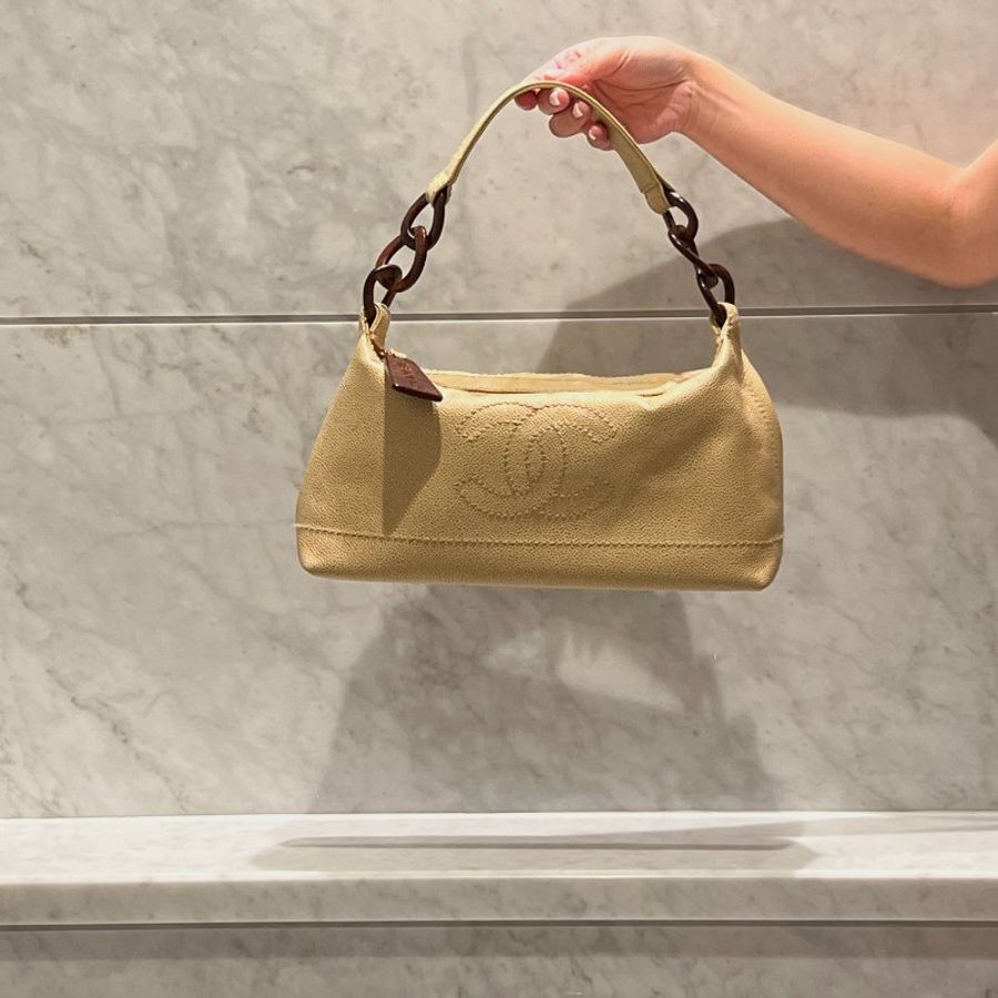 Chanel hobo絕版稀有木連接米黃色手袋肩側背包 有貼 絕版稀有中古美品-1