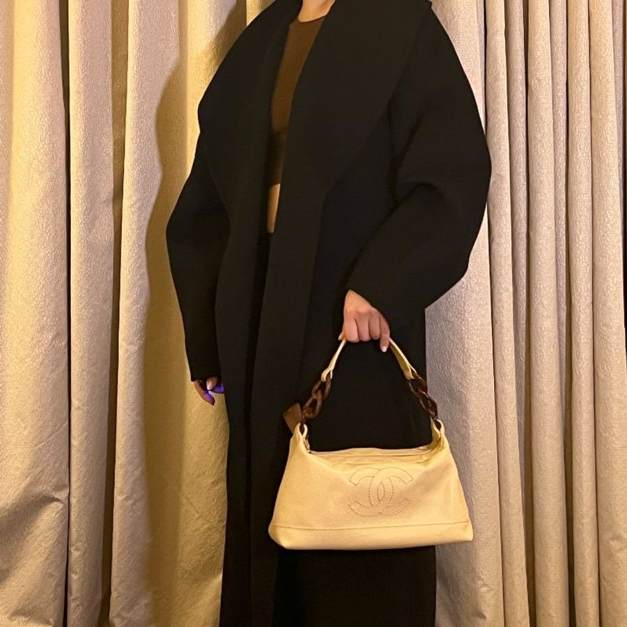 Chanel hobo絕版稀有木連接米黃色手袋肩側背包 有貼 絕版稀有中古美品-3