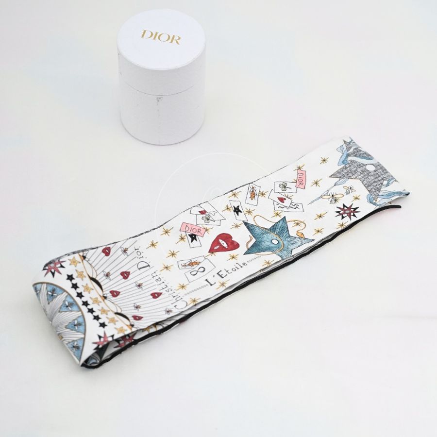 [Pre-owned] Christian Dior White Silk L'Etoile Tarot Twilly-4