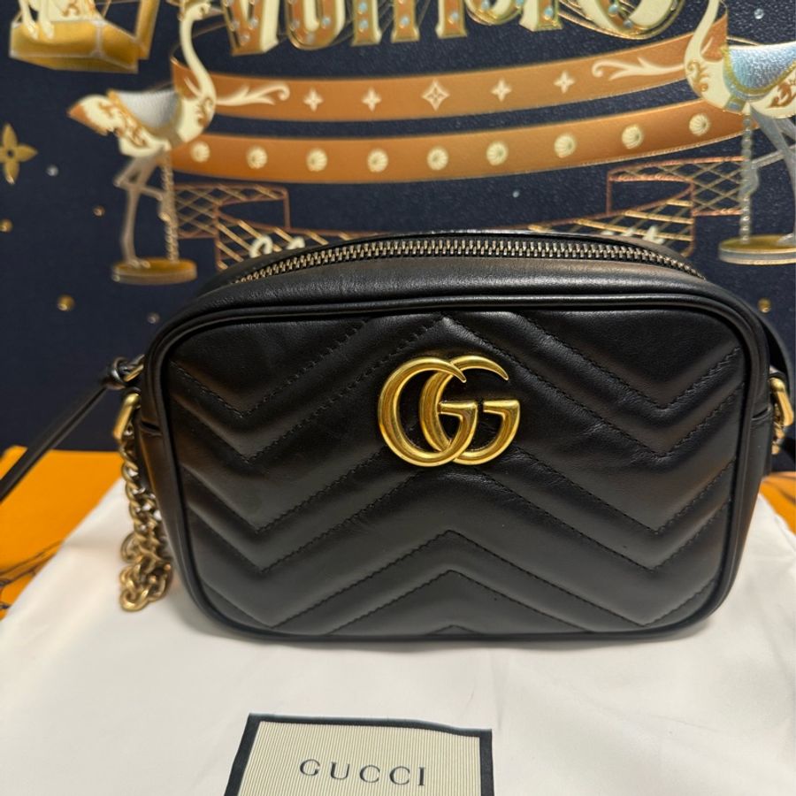 🌟八五新🆙🌟 GUCCI 古馳 GG Marmont系列仿舊金色雙G LOGO 山字車紋拉鍊肩背包-0