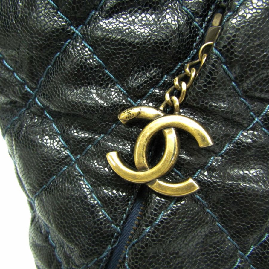 Chanel 馬特拉斯鏈條女式魚子醬皮革手提包黑色,海軍藍-8