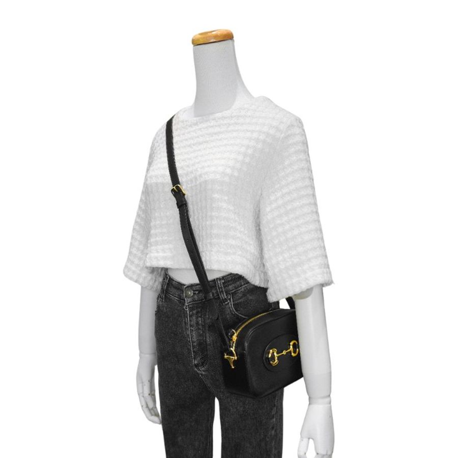 Gucci 展示品 1955 Horsebit 牛皮馬銜釦金拉鍊斜背相機包(760196-黑)-5