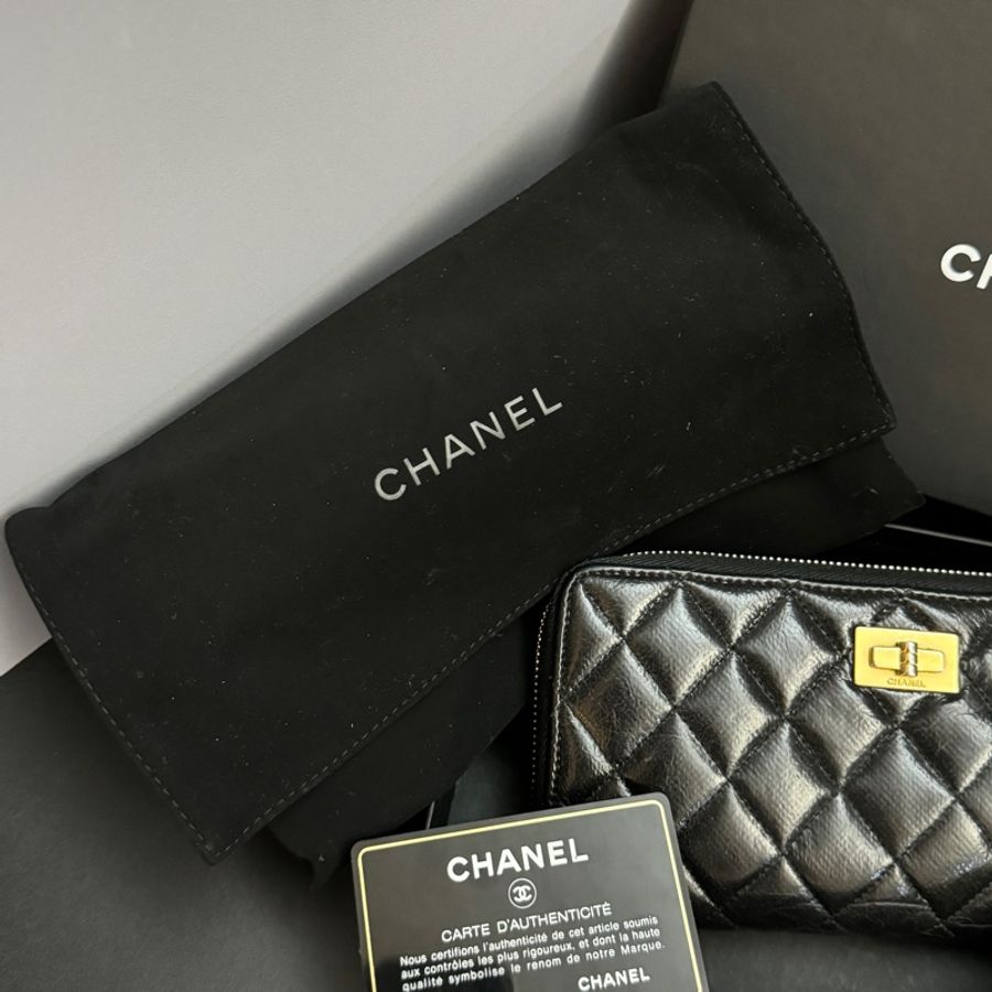 (極稀有)Chanel 2.55 黑金 油蠟皮 長夾 皮夾 錢包-3