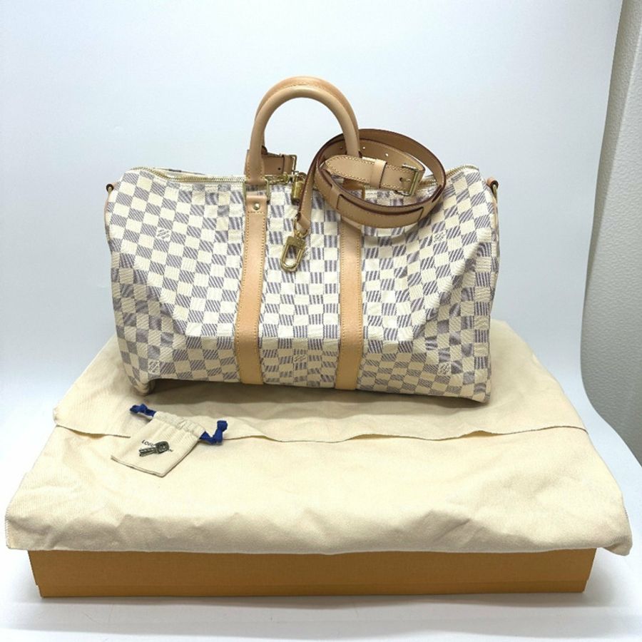 路易威登 N48223 Damier Azur Keepall Bandouliere 45 波士頓包帆布女式白色-15