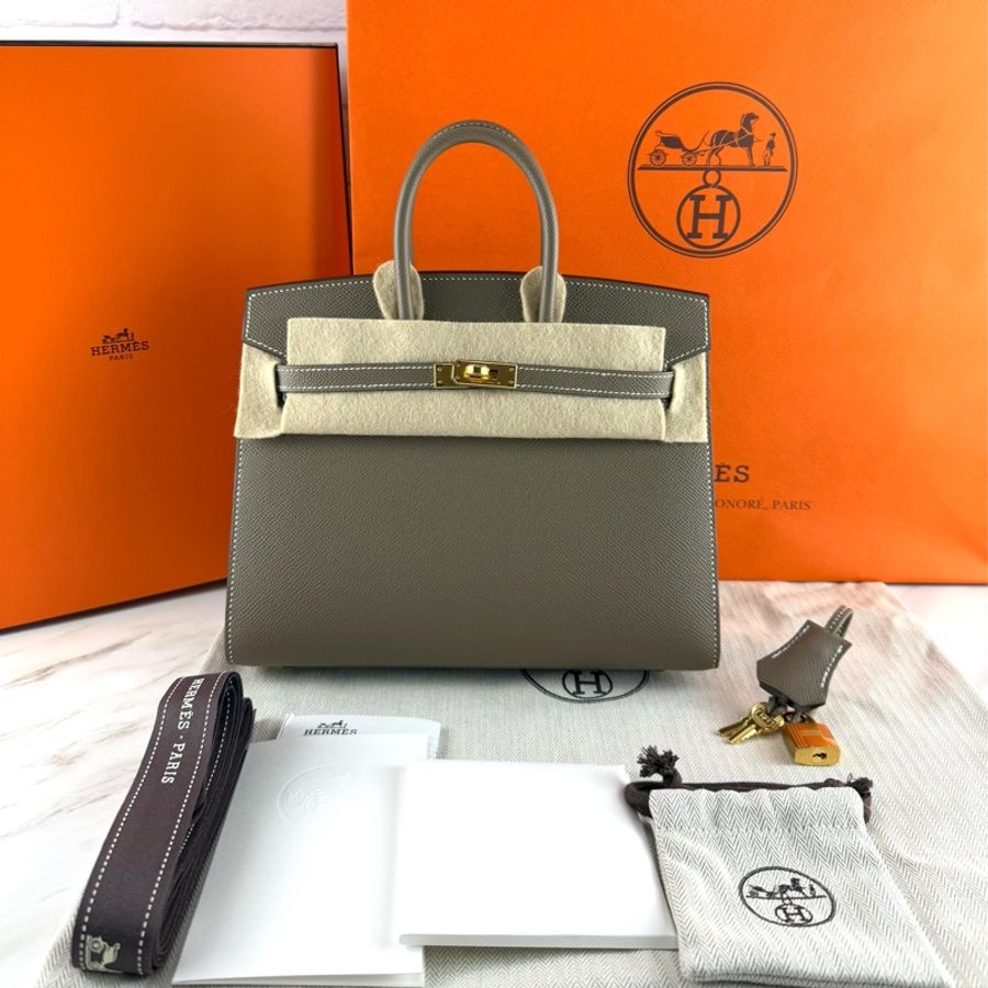 愛馬仕 Hermès Birkin 25 Epsom 外縫 18 Etoupe 大象灰配金釦 柏金包-0