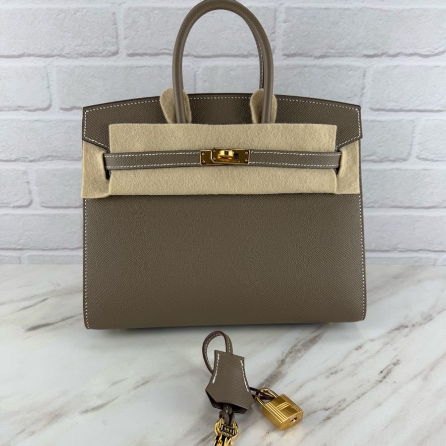 愛馬仕 Hermès Birkin 25 Epsom 外縫 18 Etoupe 大象灰配金釦 柏金包-5