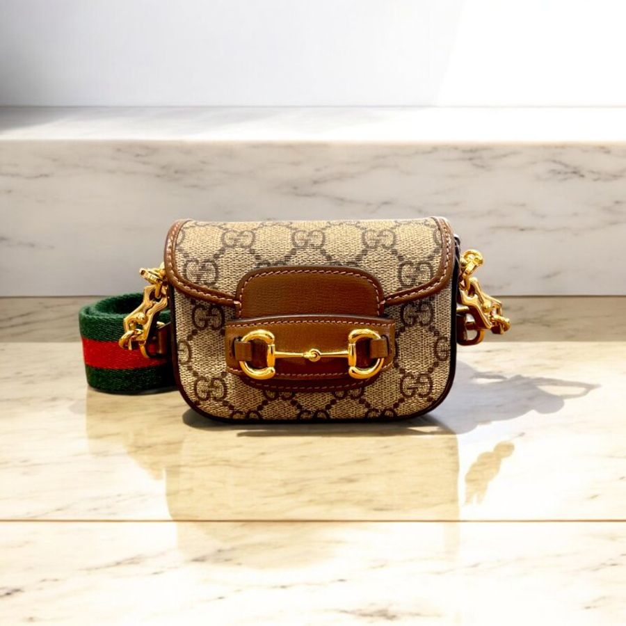 GUCCI Horsebit 1955系列PVC肩背斜背兩用包/咖-0