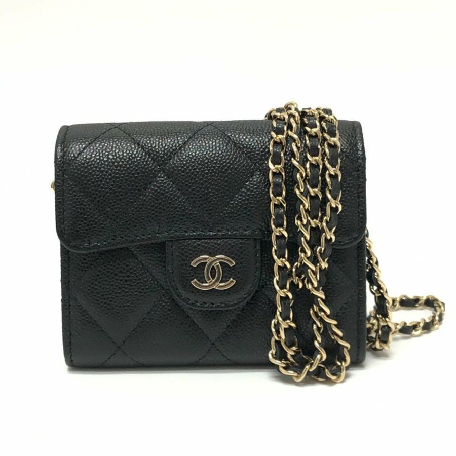 CHANEL AP0238 Coco Mark 馬特拉塞鏈條皮夾 手拿包 單肩包 魚子醬色 女士黑色-0