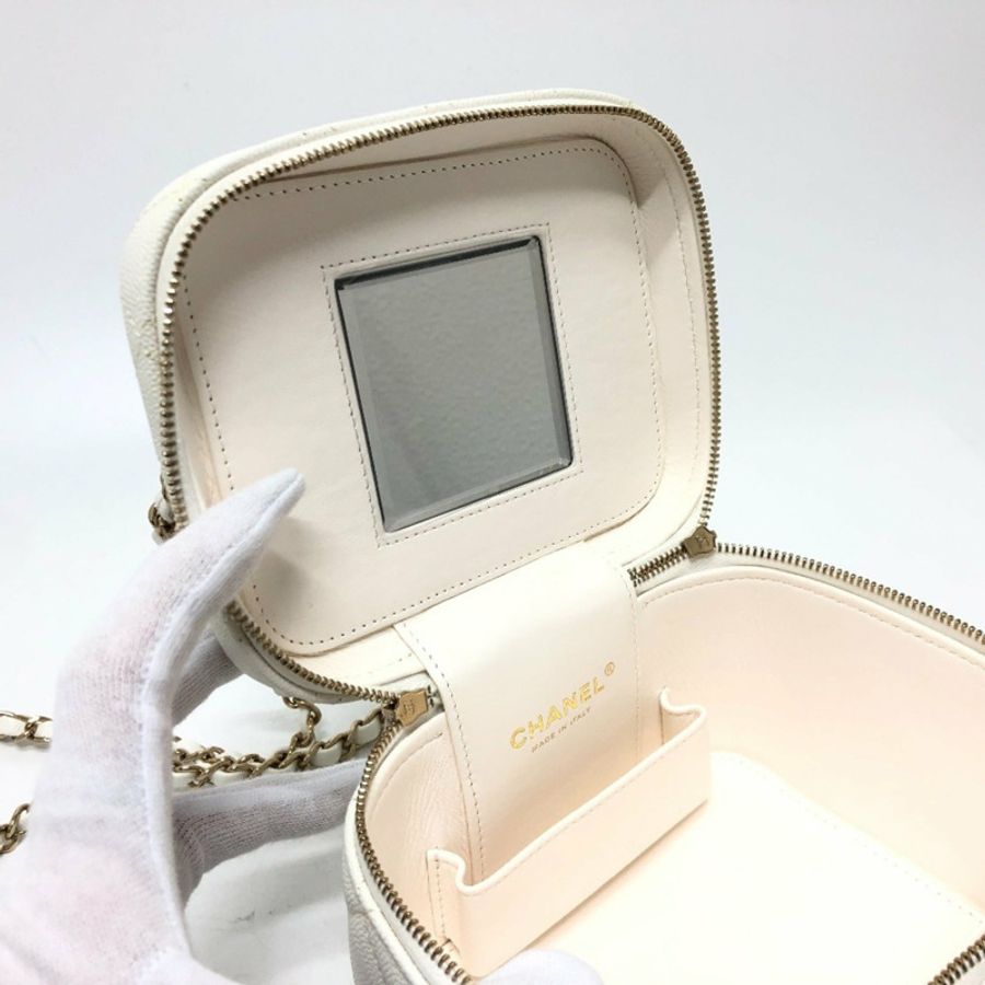 CHANEL AS3171 Coco Mark CC 化妝包鏈條手提包單肩魚子醬膚色女白色-12
