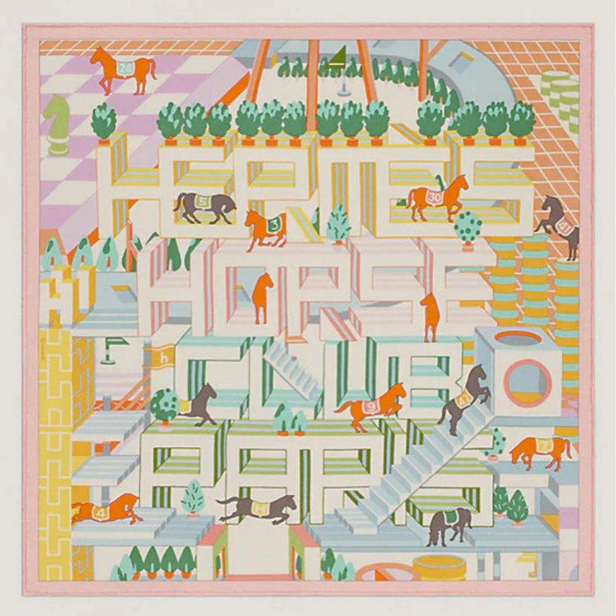 全新 愛馬仕Hermes 45*45cm方巾 粉色系跑馬俱樂部-0