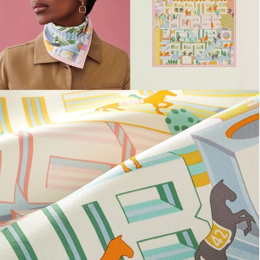 全新 愛馬仕Hermes 45*45cm方巾 粉色系跑馬俱樂部-1