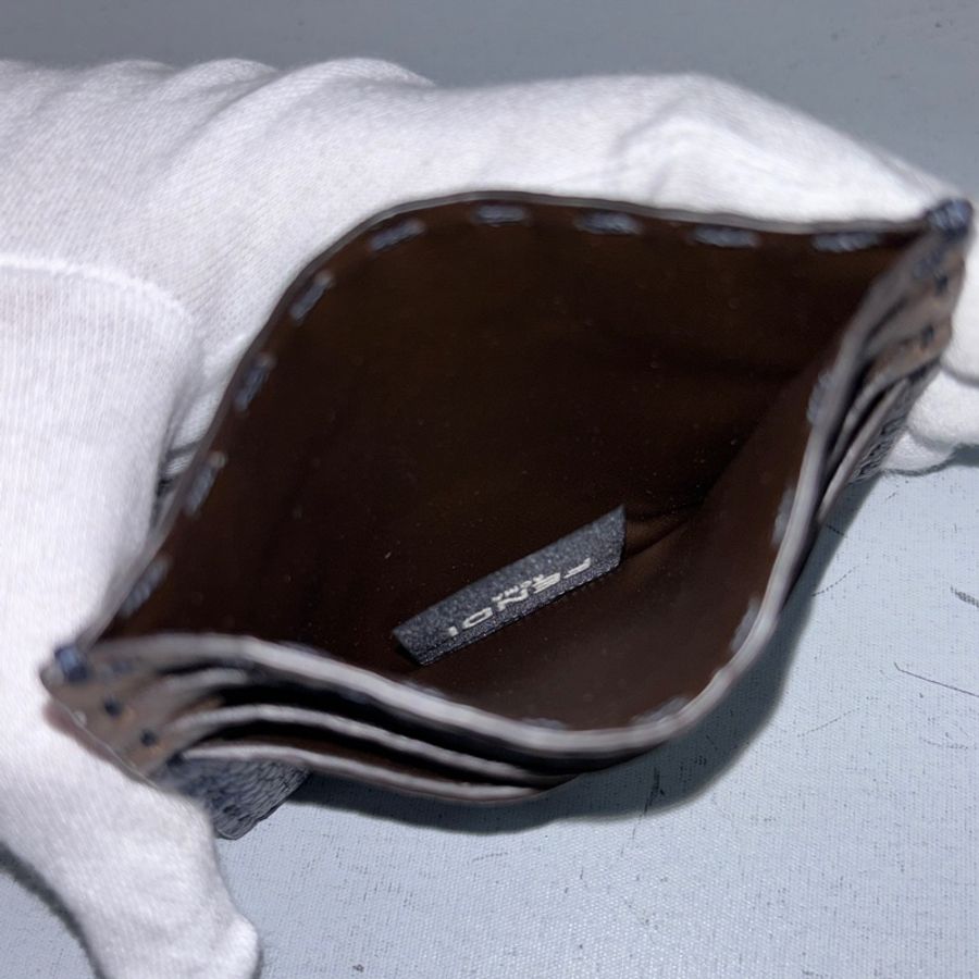 Fendi 深藍拼棕色牛皮粗縫線一片式卡包Selleria系列-8