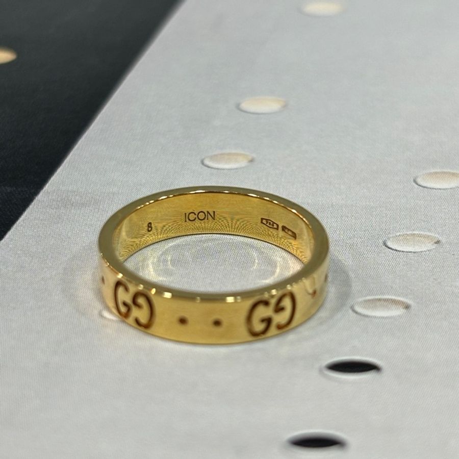Gucci 18黃k金滿版logo壓印戒指8號-4