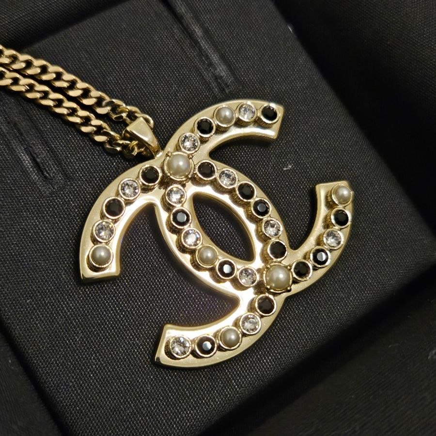 Chanel 香奈兒 大尺寸 雙C Logo 珍珠 黑鑽 白鑽 粗鍊 項鍊-6