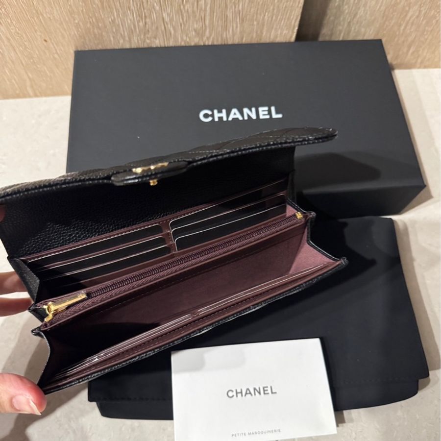 CHANEL 香奈兒 經典雙C LOGO 荔枝紋小牛皮暗釦長夾(黑金)-3