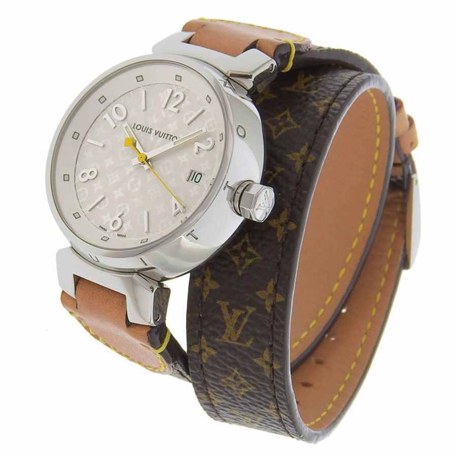 路易威登 Tambour 手錶 Q1313 不鏽鋼 x Monogram 帆布石英模擬顯示白色錶盤女式-1