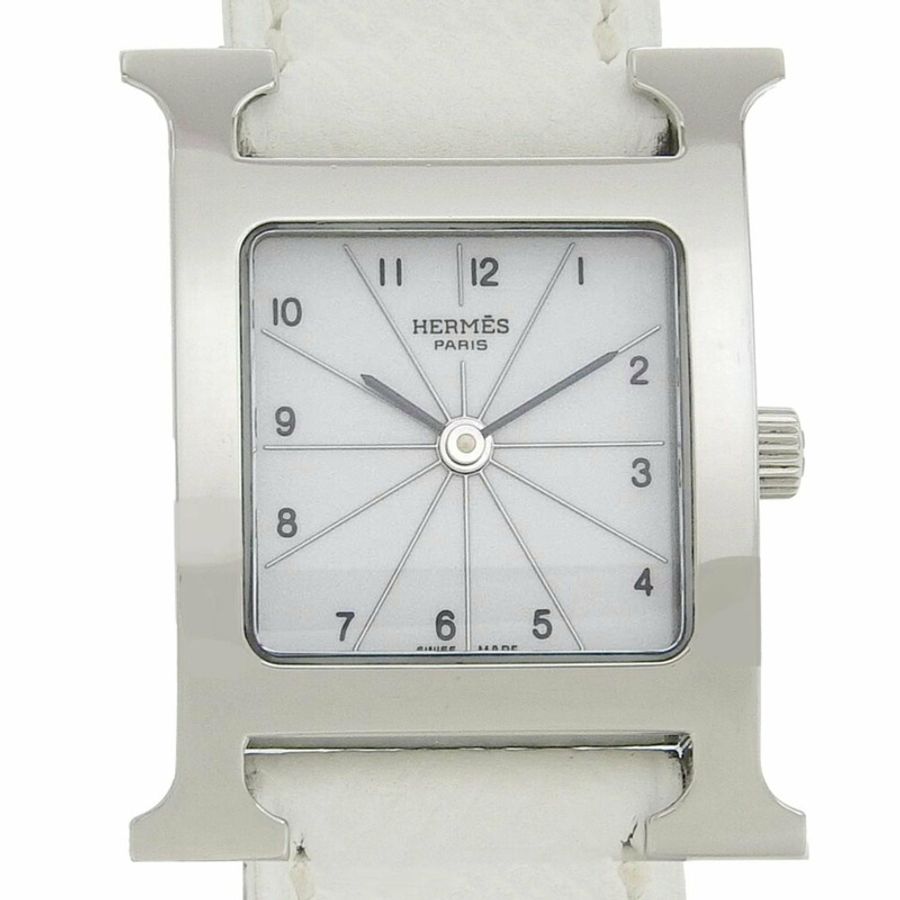愛馬仕 HERMES H 手錶腕錶 HH1.210 不鏽鋼 x 皮革 2005 石英模擬顯示 白色錶盤 女士-0